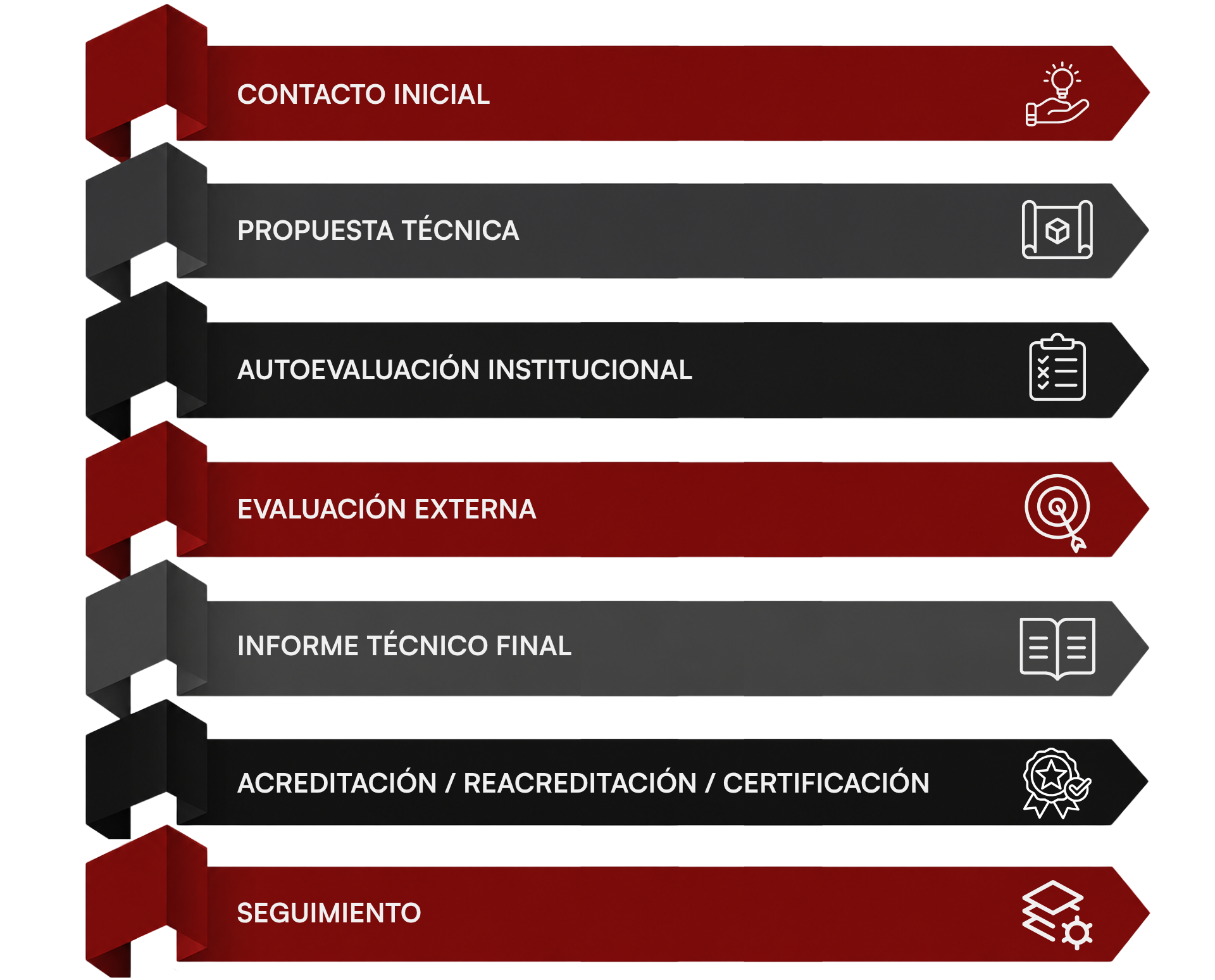 Etapas del proceso: contacto inicial, propuesta técnica, autoevaluación institucional, evaluación externa, informe técnico final, acreditación / reacreditación / certificación y seguimiento.