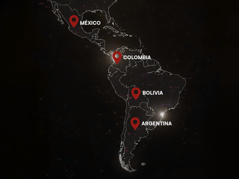 Mapa de Sudamérica y México con los países vinculados: Bolivia, Colombia, México y Argentina