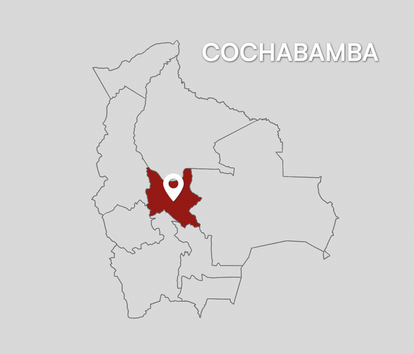 Mapa de Bolivia con las oficinas de CORPNADE en Cochabamba, La Paz y Santa Cruz